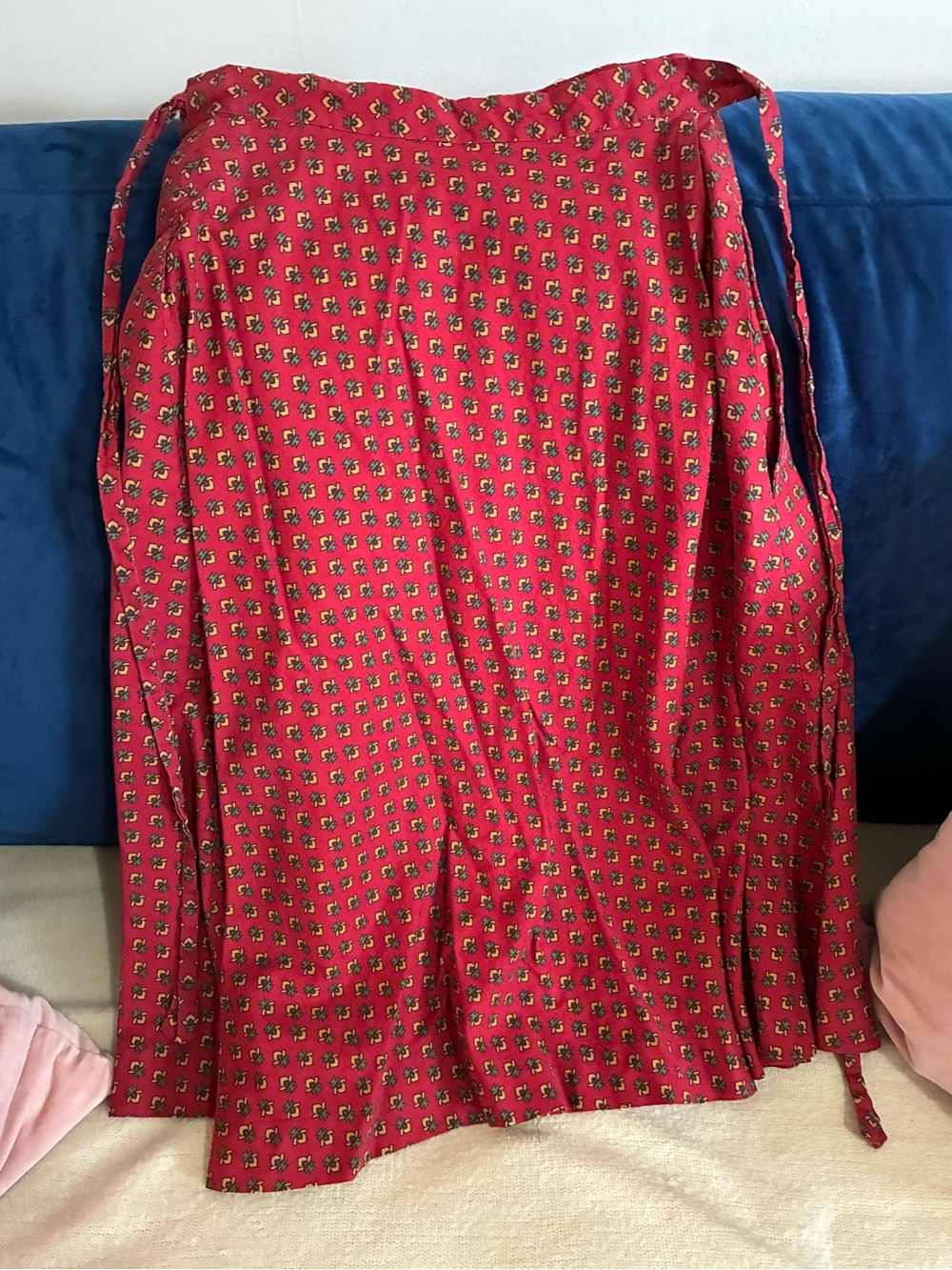 Vintage Red Printed Wrap Skirt with Pockets